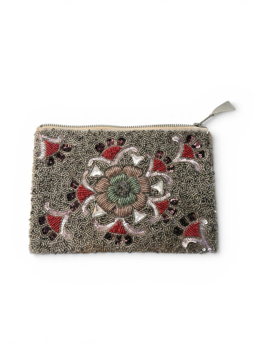 Anthropologie Jeweled Beaded Clutch Pouch — Silver, 8" x 6"